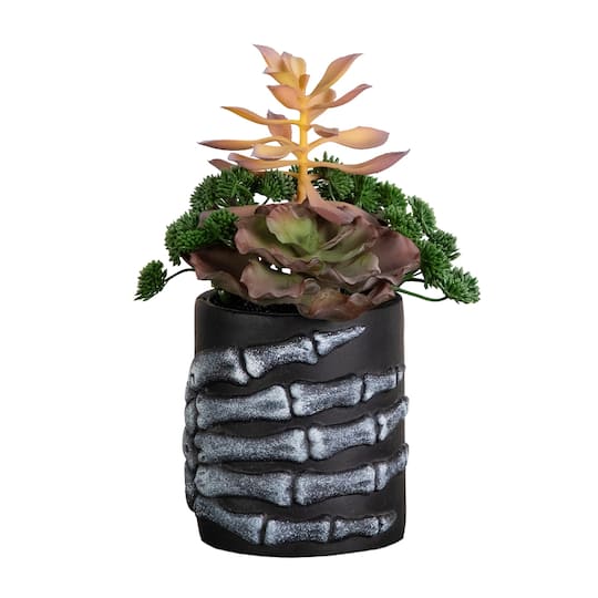 9" Artificial Halloween Succulent Garden in Skeleton Hand Planter